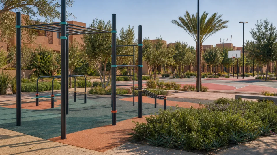 Terrain de sport extérieur avec équipements fitness